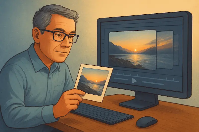 Man at a desk digitizing a landscape photo as motion appears on a computer screen in a clean, newsroom-friendly setup