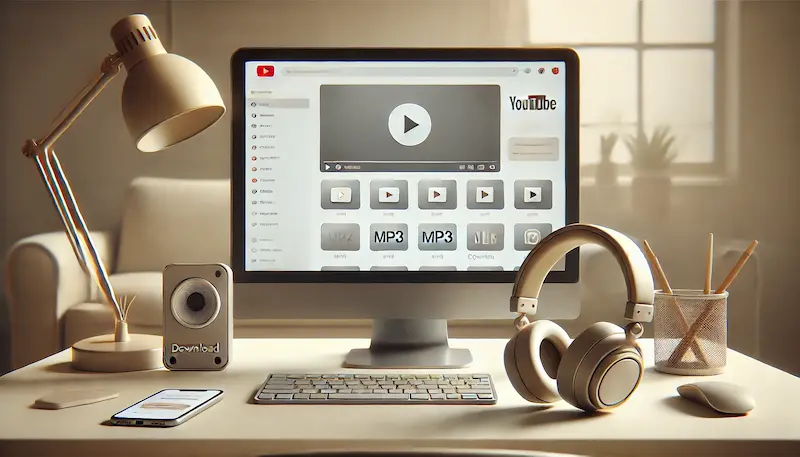 Monitor de escritorio con una interfaz para convertir videos de YouTube a MP3 y MP4, acompañado de auriculares y smartphone sobre la mesa.