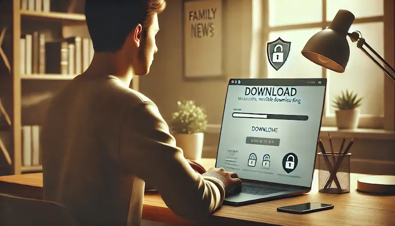 Persona de espaldas usando una notebook con una pantalla de descarga y un icono de seguridad, simbolizando el uso responsable de Y2Mate y otras herramientas de descarga de videos.
