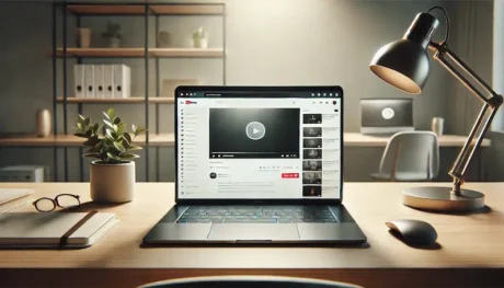 Computadora portátil en un escritorio moderno con la interfaz de YouTube en pantalla, ilustrando el uso de Y2Mate para convertir y descargar videos en línea.