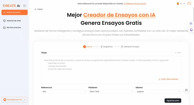 Interfaz de Oreate AI mostrando el primer paso para crear un ensayo con IA