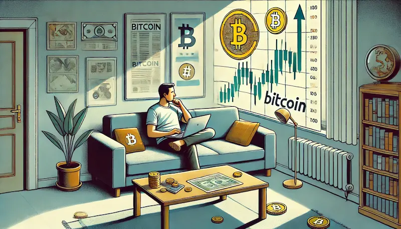 Persona sentada en el sillón de su living analizando gráficos de Bitcoin en una laptop, rodeada de símbolos de la criptomoneda.