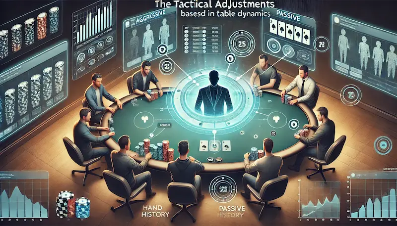 Ilustración de jugador de poker analizando la dinámica de la mesa con datos digitales y comportamiento de oponentes