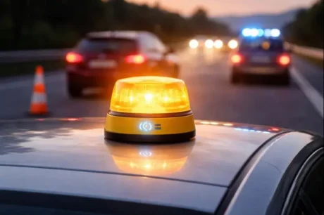 Baliza V16 conectada encendida sobre el techo de un auto detenido en autopista al atardecer.