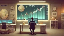 Analista financiero observando gráficos del precio de Bitcoin en 2025 en una oficina con varias pantallas y grandes símbolos de la criptomoneda.