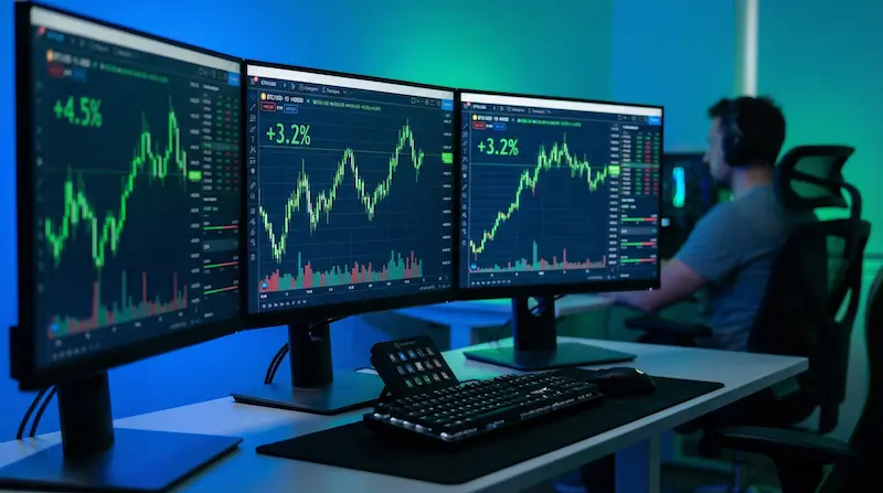 Ilustración de una moneda de Bitcoin dorada ascendiendo dinámicamente sobre una flecha gráfica verde que indica recuperación en un entorno de datos financieros digitales.