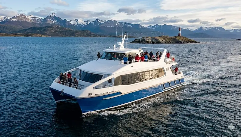 Catamarán navegando el Canal Beagle frente a montañas, una de las excursiones clásicas desde Ushuaia.