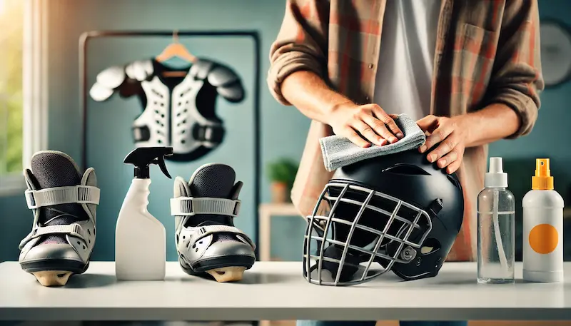 Person cleaning a sports helmet on a table with protective gear and cleaning sprays