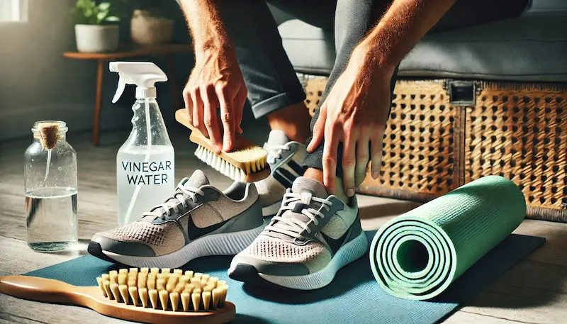 Hands scrubbing running shoes next to a yoga mat and vinegar water spray