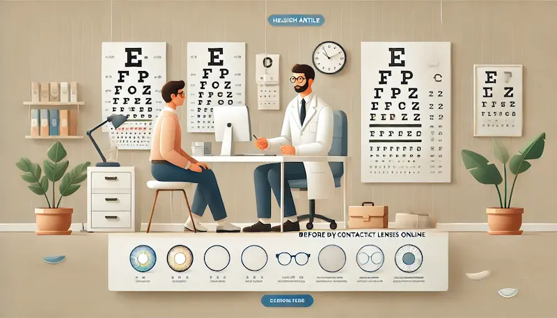 Paciente en consulta con un oftalmólogo revisando la vista y conversando sobre la elección de lentes de contacto en un consultorio