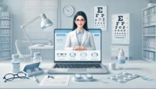 Ilustración de consulta online sobre lentes de contacto en un consultorio de oftalmología, con una profesional de la salud visual en la pantalla de una notebook