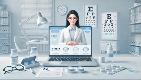 Ilustración de consulta online sobre lentes de contacto en un consultorio de oftalmología, con una profesional de la salud visual en la pantalla de una notebook