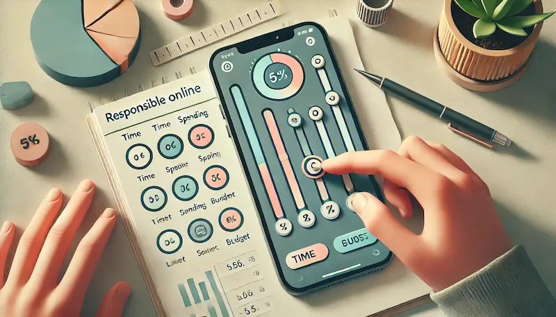 Manos ajustando límites de tiempo y gasto en una app móvil junto a un cuaderno con gráficos de presupuesto