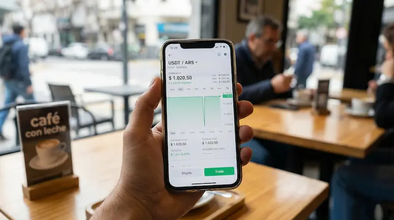 Mano sosteniendo un celular que muestra la cotización del par USDT/ARS en una aplicación de exchange de criptomonedas dentro de un café en Argentina.