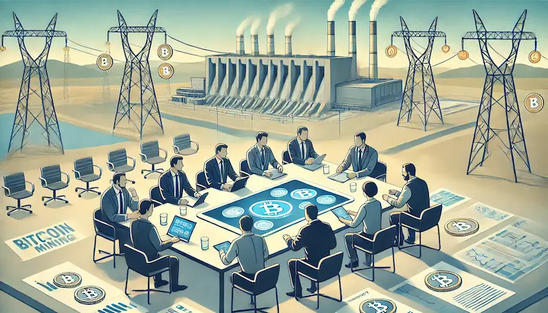 Reunión de funcionarios y expertos alrededor de una mesa con gráficos y símbolos de Bitcoin, con una planta de energía y torres eléctricas al fondo.