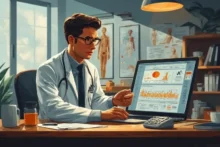 Médico revisa en una laptop gráficos de análisis y calculadores de salud digital en un consultorio.