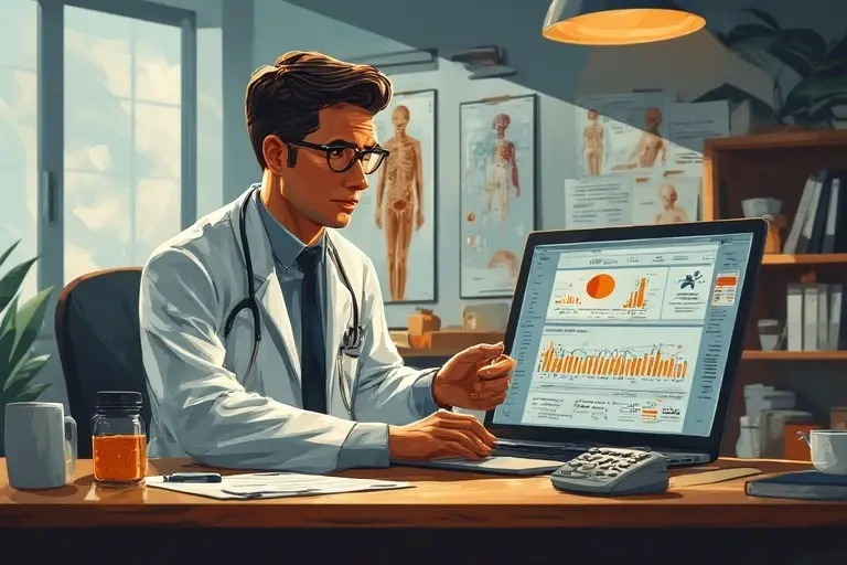 Médico revisa en una laptop gráficos de análisis y calculadores de salud digital en un consultorio.