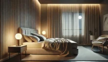 Dormitorio moderno con iluminación cálida y cama tendida, creando un ambiente propicio para el descanso nocturno.