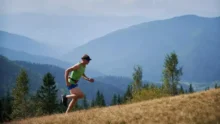Corredor entrenando en cuestas: running cuesta arriba en una ladera con pasto y montañas al fondo