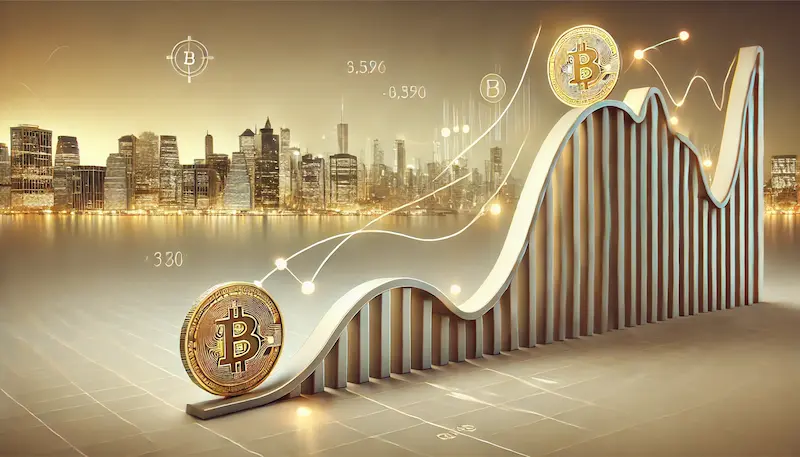 Gráfico tridimensional del precio de Bitcoin con forma de montaña rusa frente a un skyline urbano, simbolizando los récords y caídas de 2025.