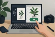 Ilustración de un portátil mostrando una imagen con fondo transparente y un botón de carga, representando herramientas online para eliminar el fondo de fotos.