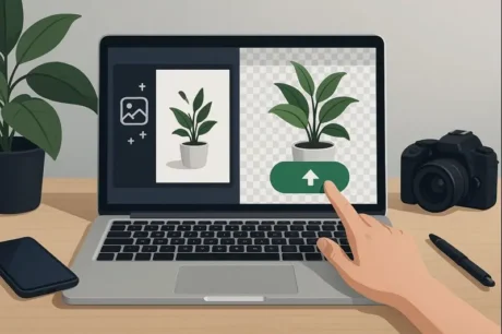 Ilustración de un portátil mostrando una imagen con fondo transparente y un botón de carga, representando herramientas online para eliminar el fondo de fotos.