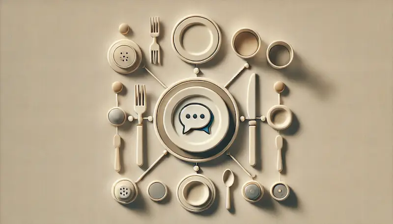Ilustración minimalista vista superior de una mesa con platos formando un círculo y un ícono de conversación al centro