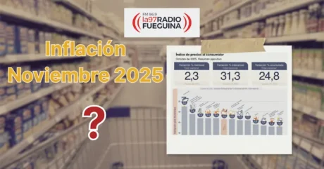 Gráfico del IPC y carrito de supermercado sobre la inflación de noviembre 2025 en Radio Fueguina.