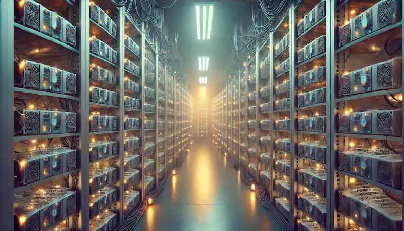 Pasillo interior de una granja de minería de Bitcoin con largas filas de equipos y servidores encendidos a ambos lados.