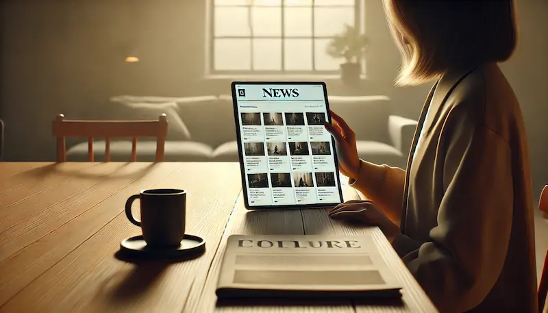 Persona leyendo noticias de anime en una tablet desde un entorno doméstico