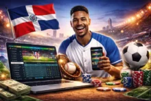Persona usando una app de apuestas en smartphone junto a laptop con cuotas deportivas, fichas de casino y balón, con bandera de República Dominicana al fondo.