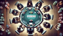 Vista superior de una mesa de poker online con jugador en posición final analizando la jugada