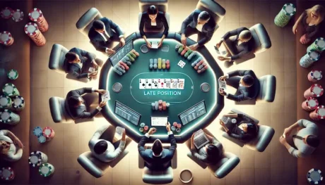 Vista superior de una mesa de poker online con jugador en posición final analizando la jugada