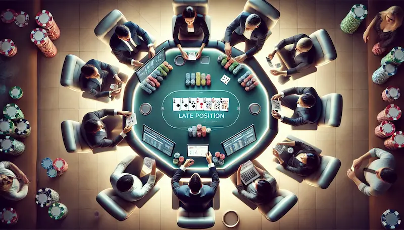 Vista superior de una mesa de poker online con jugador en posición final analizando la jugada