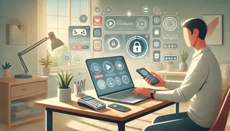 Ilustración de una persona usando laptop y smartphone en un escritorio hogareño con iconos de pagos digitales y entretenimiento online flotando en la pantalla