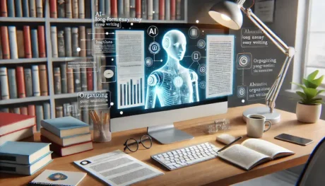 Escritorio moderno con computadora mostrando un asistente de IA organizando ensayos de formato largo