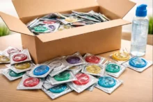 Caja abierta con preservativos individuales a granel y frasco de lubricante sobre una mesa.