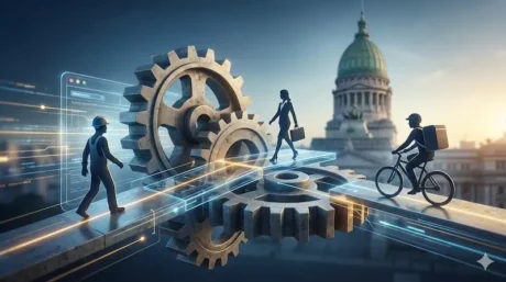 Engranajes y trabajadores frente al Congreso, imagen conceptual sobre reforma laboral en Argentina