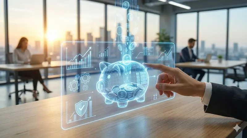 Alcancía digital con gráficos en una oficina, concepto de costos laborales y empleo registrado