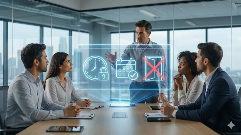 Reunión de trabajo con íconos de horario, calendario y reglas, concepto de jornada y negociación laboral