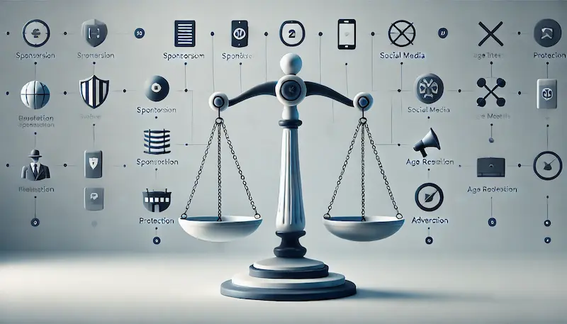 Balanza de justicia rodeada de iconos de redes sociales, patrocinio y protección en un diseño editorial minimalista.
