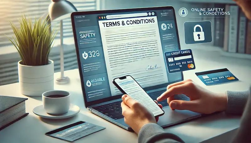 Primer plano de manos revisando términos y condiciones en un smartphone frente a una laptop con información de seguridad online