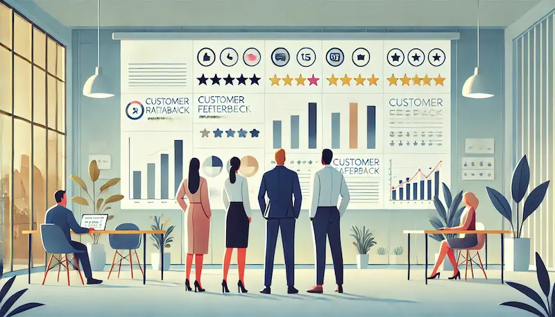 Equipo de profesionales observando pantalla con gráficos y estrellas de calificación de empresas