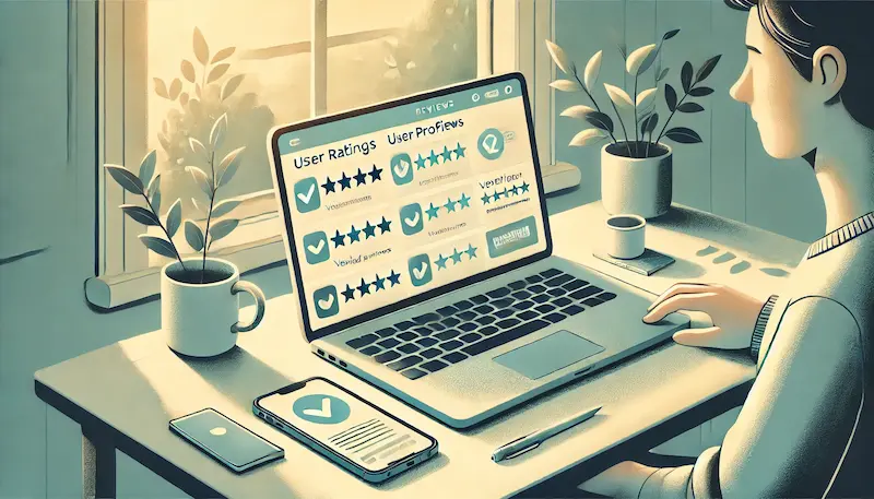 Persona consultando opiniones verificadas de empresas en una laptop desde su hogar