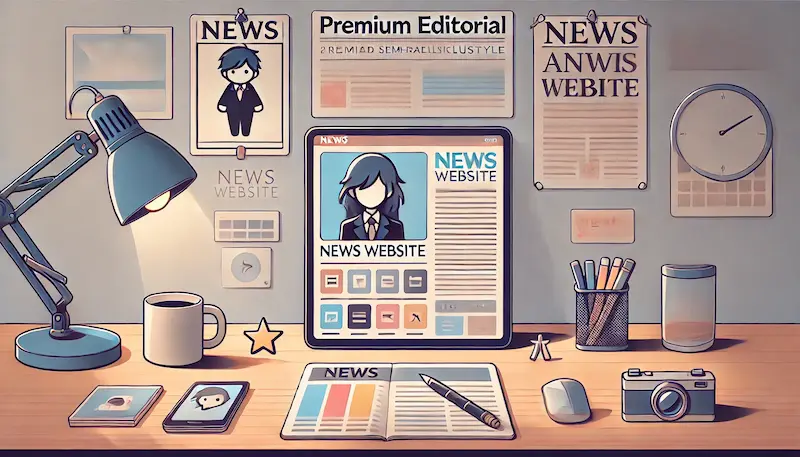 Ilustración editorial de un sitio de noticias de anime en un entorno de trabajo periodístico