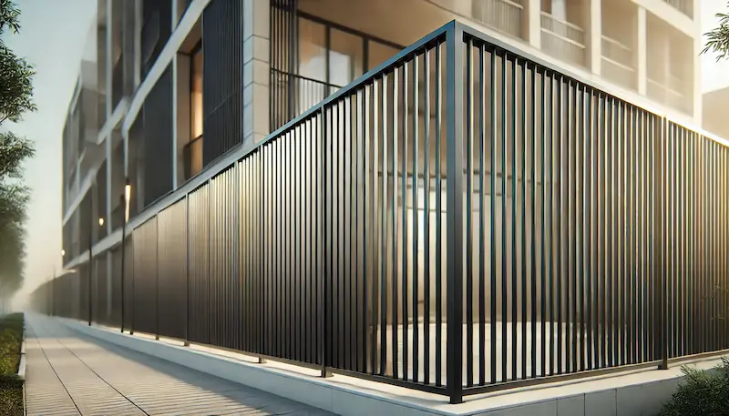 Minimalist steel tubular fence wrapping a modern building corner