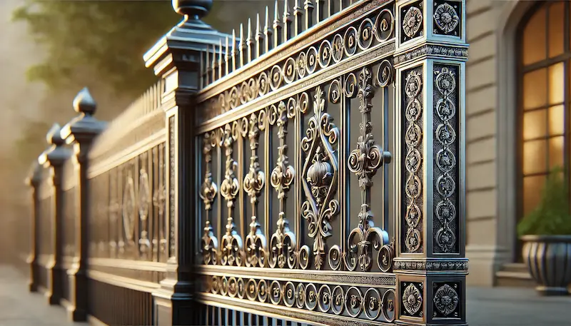Ornate decorative steel fence detail with classic patterns and finials
