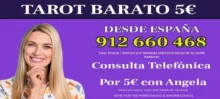 Banner promocional de tarot barato por 5 euros desde España con número 912 660 468 y oferta de consulta telefónica.