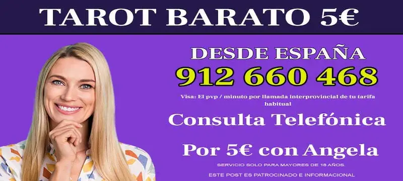 Banner promocional de tarot barato por 5 euros desde España con número 912 660 468 y oferta de consulta telefónica.