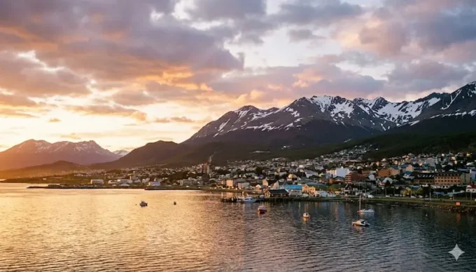 Vista panorámica de Ushuaia al atardecer con el Canal Beagle y montañas nevadas de fondo.